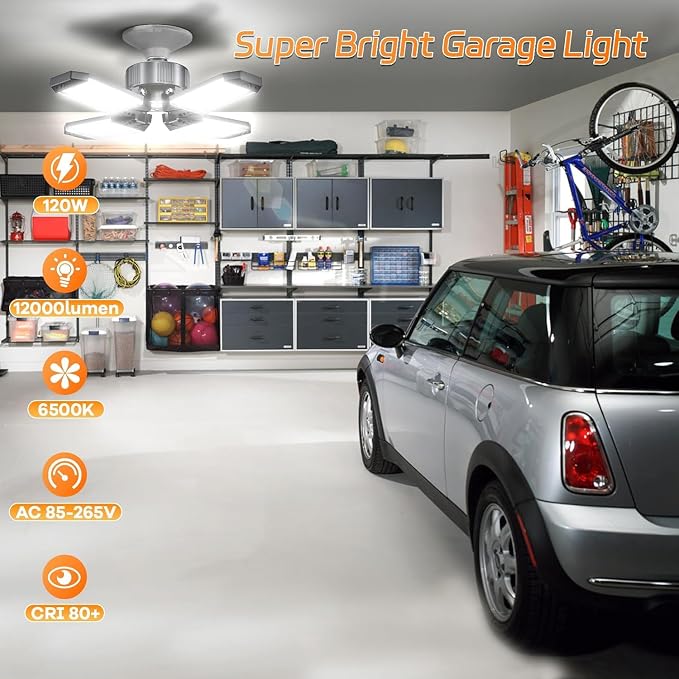 LED Garage Lights 8 Pack, 120W 12000LM Garage Lighting 6500K with 4+1 Deformable Panels, Screw Into E26 E27 Socket, Ceiling Lighting for Shop Workshop Basement Barn Attic Bay