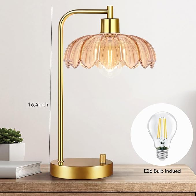 ILLMTW Glass Table Lamp Set of 2,Small Gold Bedside Lamps Dimmable Boho Bedroom Lamp with Tulip Flower Amber Lamp Shade,Vintage Mid Century Modern Mini Nightstand Lamp for Bedroom Living Room
