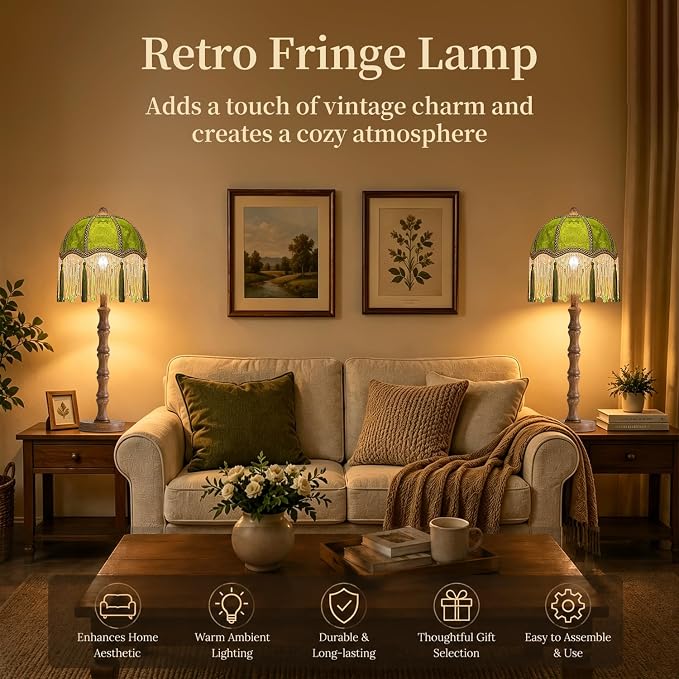 ILLMTW Vintage Table Lamp Set of 2,Flower Small Bedside Lamps Dimmable Bedroom Lamp with Fringe Green Shade,Boho Mid Century Retro Unique Tassel Nightstand Lamp for Bedroom Living Room Tiffany Decor