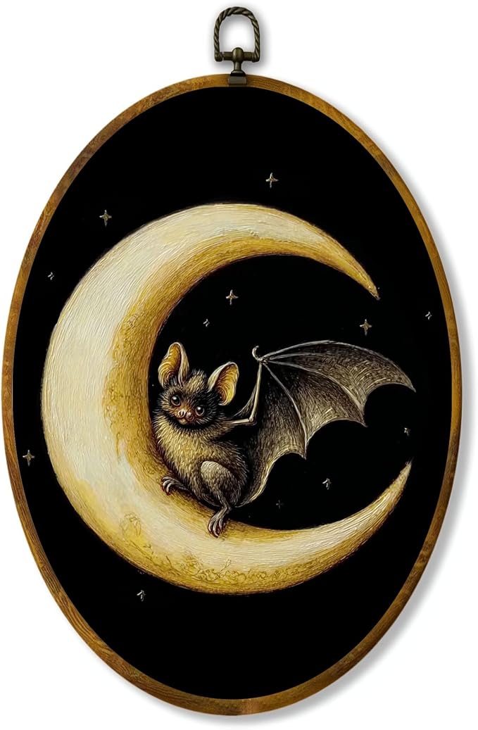 zewepri Bat Crescent Moon Oval Wall Art, Gothic Cottagecore Decor, 8.5x11.5 | Whimsical bat on crescent moon with stars adds moody charm to bedrooms, bathrooms, living rooms, or gallery walls.