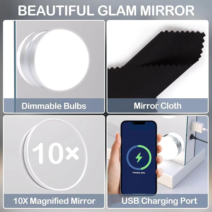 Gvnkvn Vanity Mirror with Lights, 32 x 24 Tabletop Hollyhood Makeup Mirror, Hollywood Lighted Mirror with 18 Dimmable LED Bulbs,3 Colors Modes,Touch Control,Metal Frame,