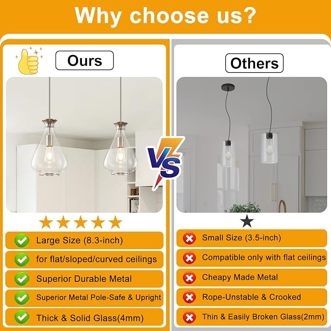 2 Pack Modern Pendant Lights Kitchen Island, Brushed Nickel Pendant Light Fixtures with 8.5" Clear Glass Shade,Industrial Hanging Pendant Lights Fixture for Kitchen Island Dining Room Bedroom Entryway