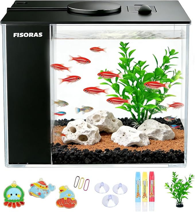 0.5Gal (1.9L) Small Aquarium with Water Filter Pump and LED Light | Ideal for small fish
