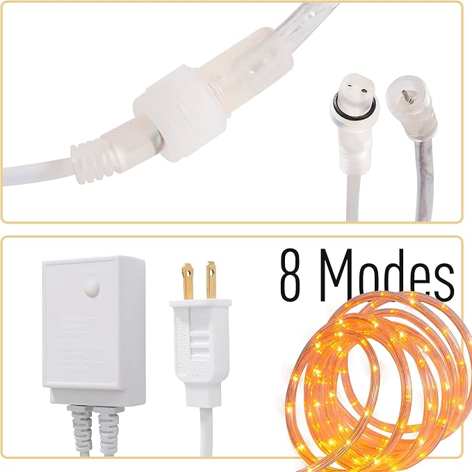 Waterproof LED Rope Lights, Connectable & Flexible with 8 Modes, Outdoor Lighting for Deck, Garden, Pool, Patio & Christmas Decor (Orange, 50ft)