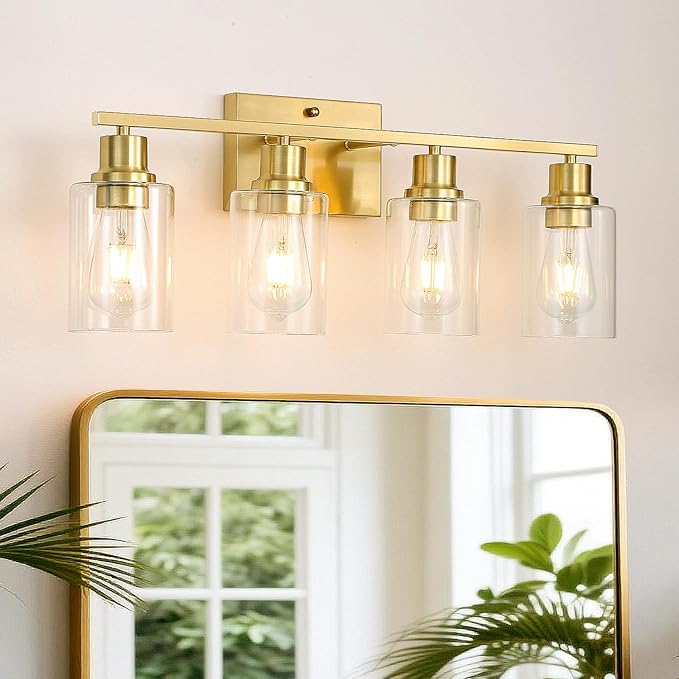 EMONG 4-Light Gold Bathroom Light Fixtures 23.6'' Brushed Gold Vanity Light Over Mirror with Clear Glass Shade Modern Wall Sconce Classic Wall Light Fixture for Hallway Porch Farmhouse Living Room