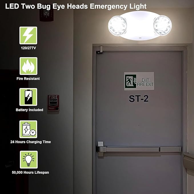LIT-PaTH LED Emergency Lighting Fixtures with 2 LED Bug Eye Heads and Back Up Batteries- US Standard Exit Light, UL 924 and CEC Qualified, 120/277 Voltage, White, 1-Pack