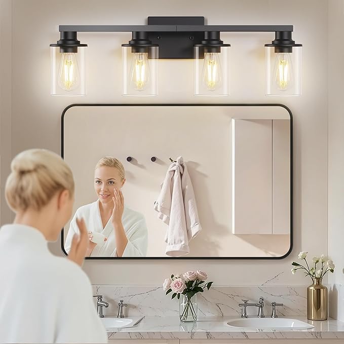 L LOHAS LED 4-Light Bathroom Vanity Lights Over Mirror, 27 Inch Black Bathroom Light Fixtures with Clear Glass Shade, Modern Vanity Lights for Living Room Hallway Bedroom