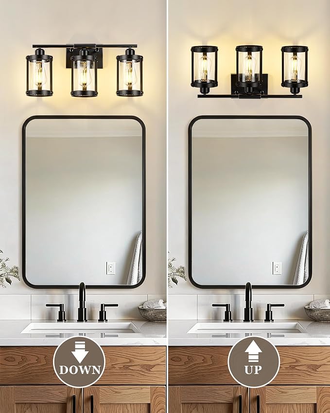 3-Light Black Bathroom Light Fixtures, 21 Inch Modern Bathroom Vanity Lighting Fixtures Over Mirror with Clear Glass and Metal Cage Wall Sconce Lights for Bath, E26, OS-3014BK-3W
