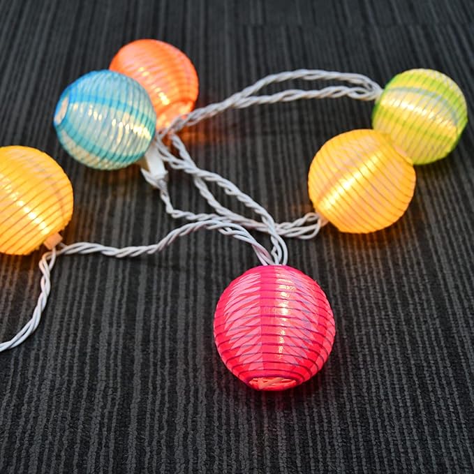 8.5Ft Multicolor Lantern String Lights, Summer Printed String Lights with 10 Colorful Light Bulbs, Nylon Lantern Lights for Patio Bedroom Window Garden Porch Party Decor, White Wire