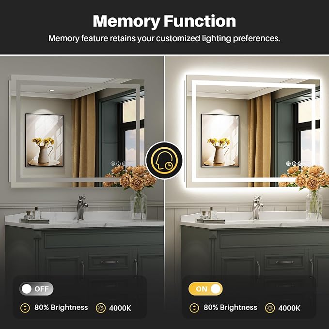 48x32 Inch LED Bathroom Mirror with Lights, Backlit & Front Lit | Anti-fog, 3 Color Dimmable, Memory Function, HD Reflection Tempered Glass, ETL Listed, IP54 Waterproof