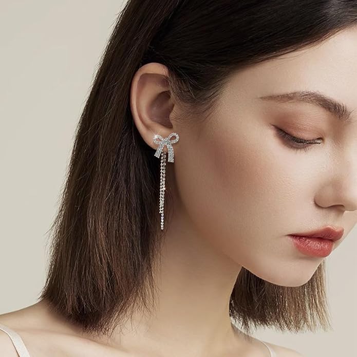 Luxval Rhinestone Earrings Dangling for Women Sparkly Silver Dangle Earrings Girls Long Chandelier Earrings Tassel Lightweight Ear Studs Cubic Zirconia Crystal Statement