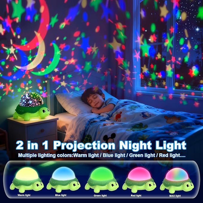 Turtle Kids Night Light,Toys for Boys 3-8 Years Old Starry Sky Projector Light,360 Rotation,4 LED Bulbs,16 Light Colors Variable,USB Cable Powered,Ceiling Light for Kids Bedroom