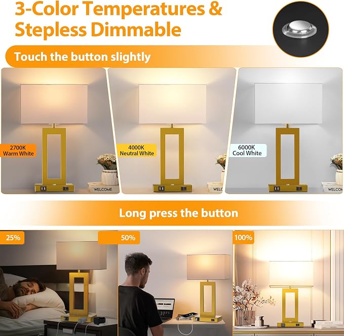 Kondras 3 Color Temperatures Touch Control Table Lamps Set of 2, Stepless Dimmable Bedside Lamps with 2 USB Ports&AC Outlet, Modern Nightstand Lamps for Bedroom Living Room, Bulbs Included, Gold&White
