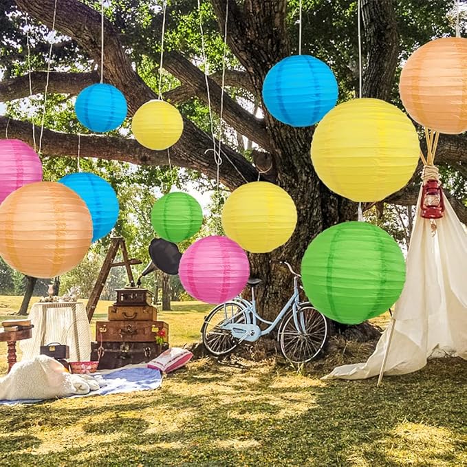 DazzLiteer 12pcs Colorful Paper Lanterns with LED Light, Decorations Round Hanging Paper Lantern Lamps for Birthday, Wedding, Party, Home Decorations (Size of 8”, 10”, 12”)