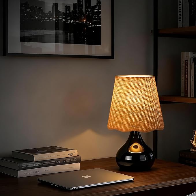 Cordless Table Lamp Rechargeable, Navy Blue Mini Bedroom Lamps for Bedside Nightstand, Rattan Shade Small Table Lamps for Small Spaces for Kitchen Counter, Bookshelf, Home Office, Living Room, Dorm