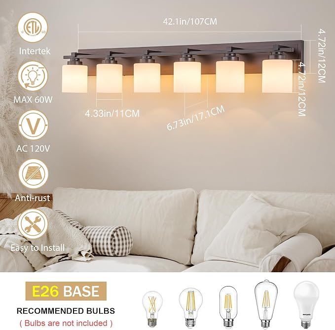 Modern Bathroom Light Fixtures Over Mirror, Vanity Lights for Bathroom Wall Sconces with Milky White Glass Shades, E26 Socket (Bulbs Not Included), 6 Light, Oil Rubbed Bronze