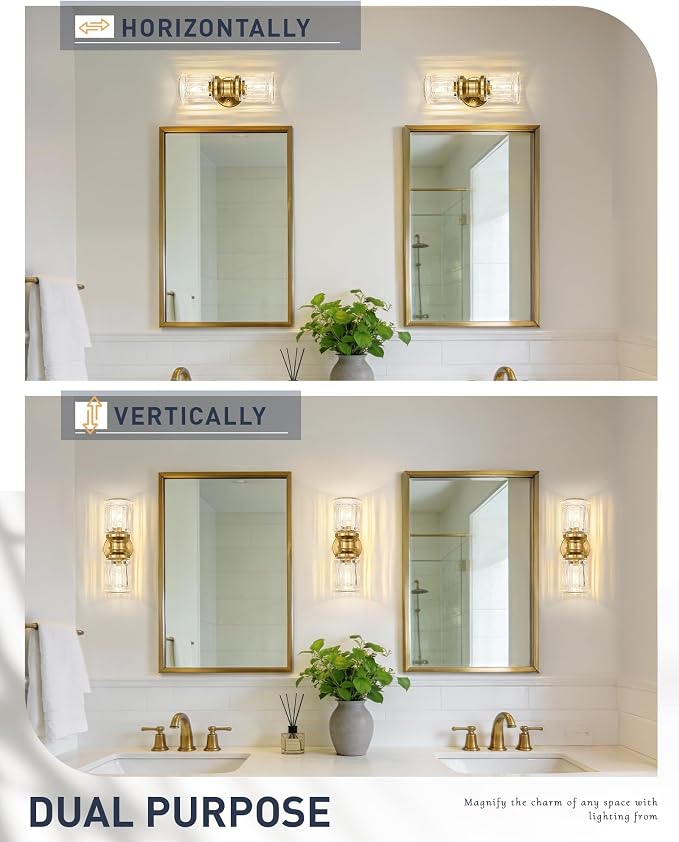 Gold Wall Sconces, HWH Single Wall Vanity Light Fixture for Bathroom Living Room Bedroom, Bathroom Wall Sconces with Bell-Shaped Clear Glass, Gold Finish, 5HZG106B-2W BG