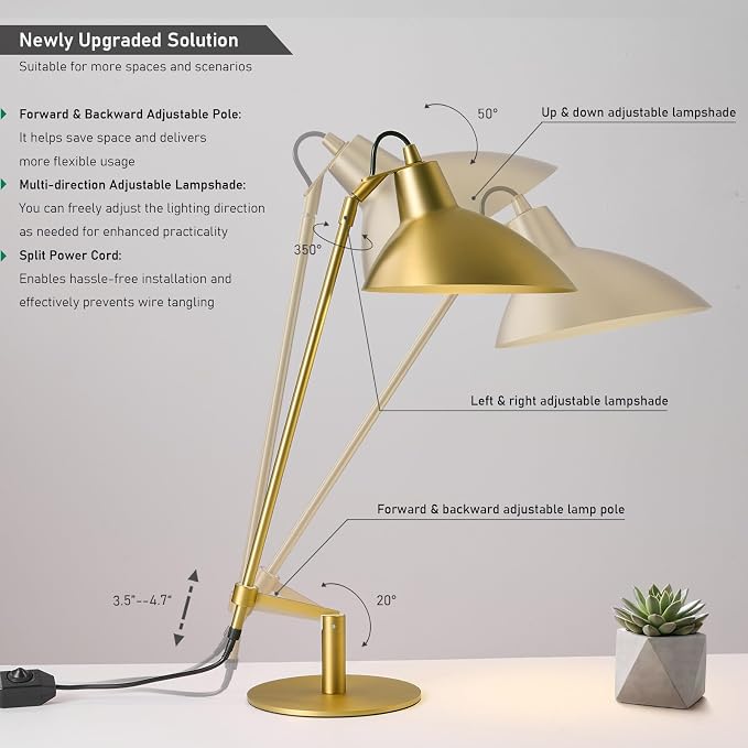 Desk Lamp Modern Industrial 100% Metal Adjustable Table Lamp 24", Natural Light (4000K) with Dimmer, Ideal for Office Bedroom Study Room Living Room Nightstand Bedside Lamps Brass