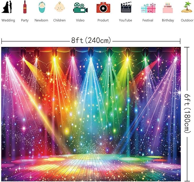 Disco Rainbow Stage Backdrop 70s 80s 90s Hippie Music Vintage Lights Photography Background Rock Music Colorful Neon Glow Party Decorations Photo Banner (8x6FT)