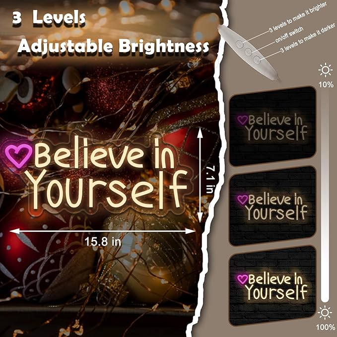 Believe in Yourself neon sign, suitable for classroom wall decoration, back-to-school season, graduation season, student gifts. Dimmable, USB powered, pink heart-shaped inspirational neon light.
