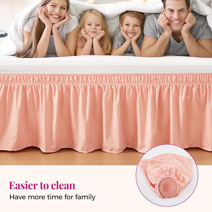 RIMELA Peachy Coral Bed Skirt King Size 18 Inch Drop, Elastic Bed Skirting for Bed Base and Frame, Bedding Dust Ruffle Easy to Install, Wrap Around Adjustable Bedskirt