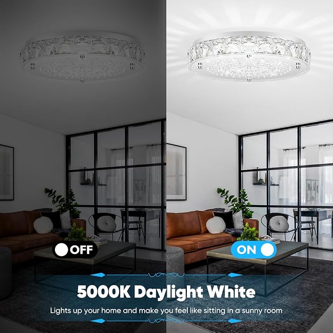 Crystal Flush Mount Ceiling Light, LED Chandeliers Light Fixture 19-Inch, 5000K Daylight White Super Bright 5000LM Dimmable Farmhouse Kitchen Lighting Modern Ceiling Lamp for Bedroom Bathroom Nursery