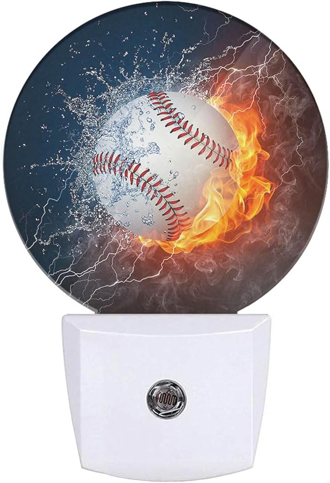 Sport Night Lights Plug into Wall Baseball Ball in Fire and Water Night Light Dusk to Dawn Sensor LED Lighting for Bedroom Bathroom Living Room, 0.5W Sleep Friendly