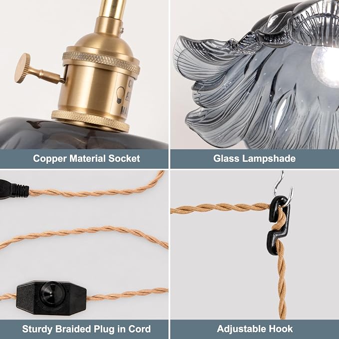 Plug in Pendant Light Fixtures,Hanging Light Fixture Corded On/Off Switch,11 inch E26 Gray Blue Glass Lampshade Pendant Lighting for Kitchen Island, Bedroom, Dining Room