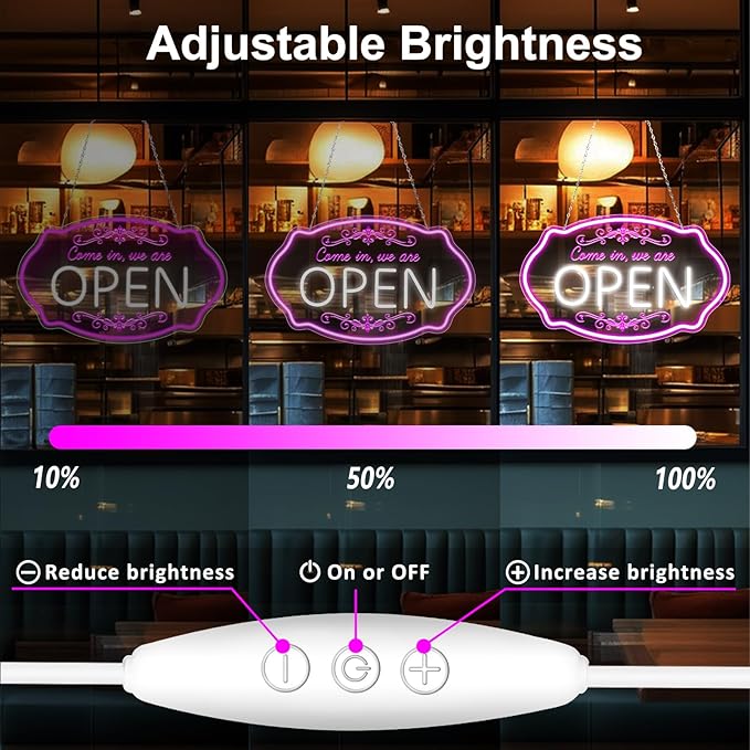 LED Neon Open Sign for Business, 16.5x10'' Come in We’re Open Sign, Pink&White Adjustable Brightness Neon Lights for Party, Bar, Salon, Stores, Hotel, Wall Decor, Clubs, Hotels