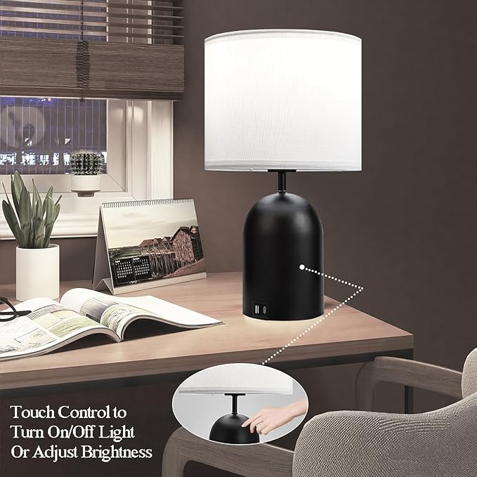 Bedroom Table Lamps Touch Control Bedside Lamps Set of 2 Dimmable Lamps for Nightstand Small Modern Table Lamp Black& White Lamps with USB Type C Ports for Living Room End Table Home Office