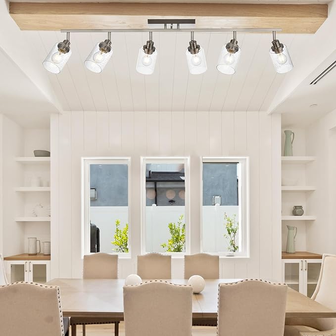 6-Light Brushed Nickel Kitchen Track Lighting Fixtures Ceiling Mount Track Lighting Kit with Bubble Seeded Glass Shade Modern Bathroom Tracking Vanity Lights Ceiling Tracking Accent Shop Light