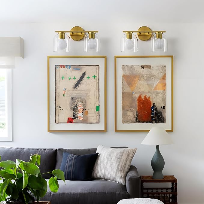WOSHITU Bathroom Vanity Light Fixtures: 14.2 Inch Modern Gold Bathroom Light Fixtures Over Mirror with Clear Glass Shade, Brushed Gold 2 Light Wall Mount Sconces Above Mirror