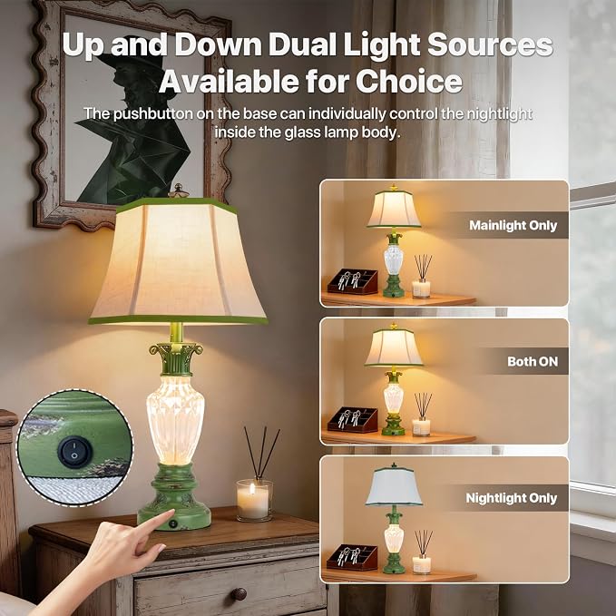 28.5" Vintage Green Table Lamps Set of 2 with Glass Nightlight | Farmhouse Lamps for Living Room Bedroom, 3-Color Temperature Bedside Lamp, Vintage Resin Lamp with Nightlight, Bulbs Included