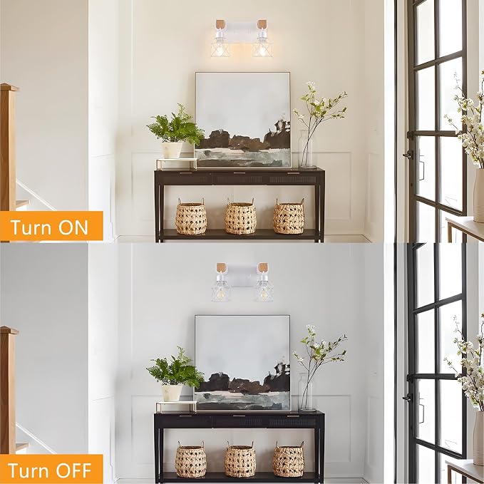 FadimiKoo 2-Light White Bathroom Light Fixtures, Wood Bathroom Vanity Lighting Fixtures Over Mirror, Rustic Sconces Wall Lighting with Elegant Metal Lampshade for Living Room, Bedroom, Hallway