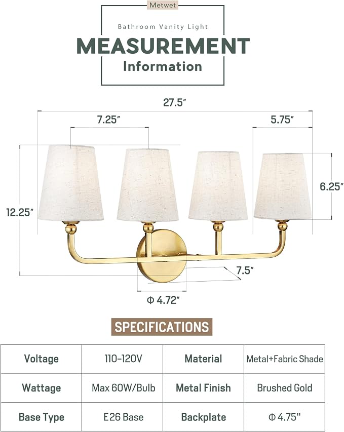 4-Light Brushed Gold Bathroom Vanity Light with Linen Fabric Shade | 28 Inch gold bathroom light fixture over mirror, UL listed, E26 bulbs, hardwired, upward only, VL837-BG-A-4