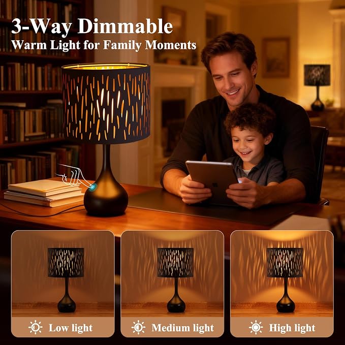 ONEWISH Touch Bedside Lamp for Bedroom, 3-Way Dimmable Table Lamps for Nightstand, Black Cutout Shade with Gold Lining Desk Lamp for Living Room, End Tables, LED Bulb Included