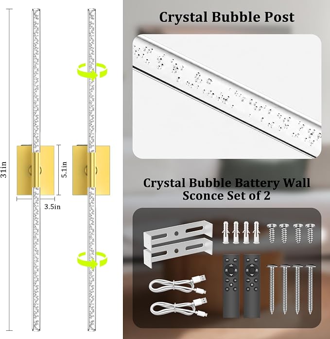 Crystal Bubble Gold Wall Sconces Set of 2, 31.5" Lamp Decor | 10000mAh Rechargeable, Wireless Lights with Remote & 360° Rotate, 4 Color Temps Dimmable, for Bedroom Living Room Mirror