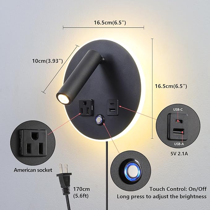 LED Round Wall Sconce with Dimmable Light, 6W+3W 3000K Night Light, Adjustable Plug-in Headboard Lamp with USB & USB-C Ports, Bedside Reading Light for Bedroom(Black)