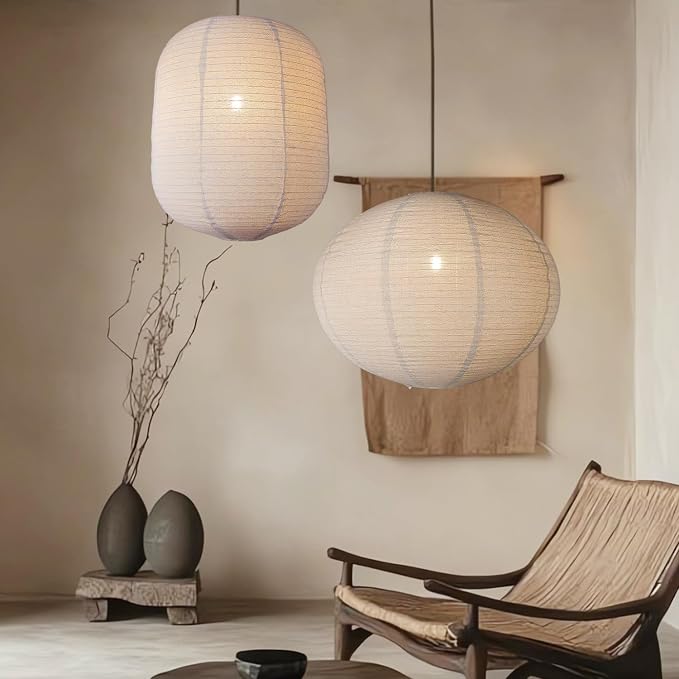 METHEDEECO Hanging Lamp Shade Set, Nature Beige, 2PCS | Oval 20x15 in + Cylinder 13.5x17 in, Foldable Minimalist Pendant Lantern Shade for Bedroom Living Room Kitchen, Shades Only