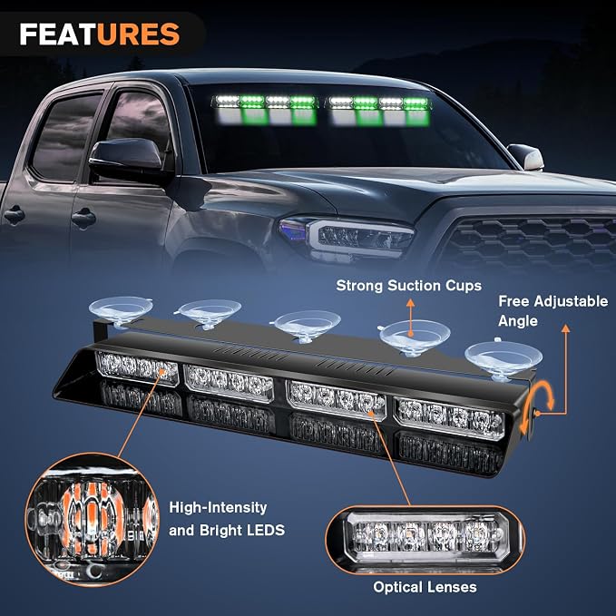 Nilight 32LED Green White Emergency Dash Strobe Lights with Controller | Suction Cups Warning Hazard Interior Front/Rear Windshield Deck Split Light Bar for Trucks Construction Vehicles