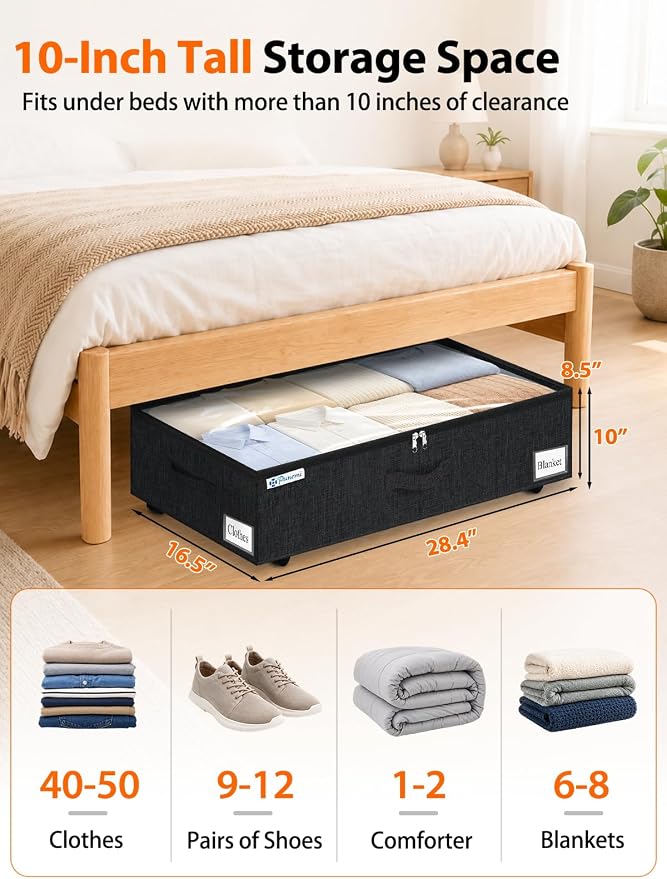 punemi 10 inch Tall Under Bed Storage Bins with Wheels, 2-Pack, Black | Clear Lids,360° Wheels,for Clothes, Shoes, Blankets & Bedding, Closet, Shelf & Dorm Organization