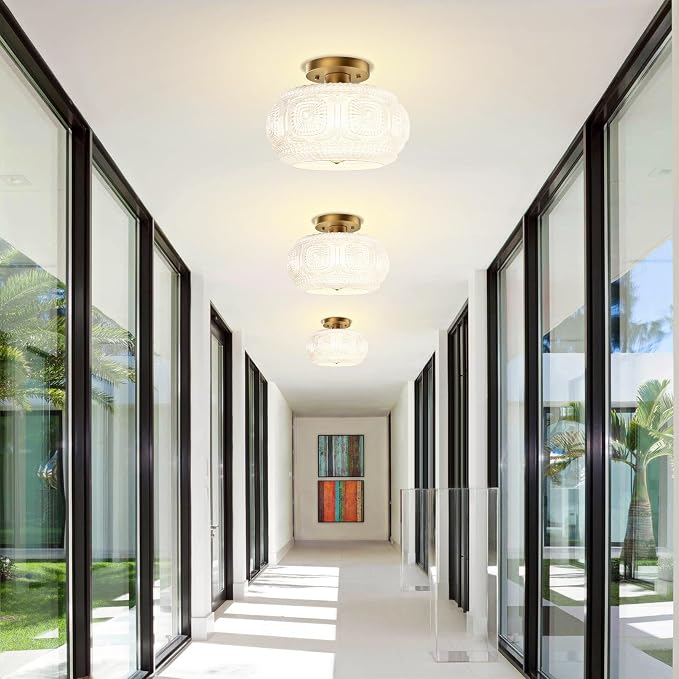 Semi Flush Mount Ceiling Light, Upgraded Larger Milk Glass Shade Modern Ceiling Light Fixture, Vintage Gold Lighting for Hallway Bedroom Entryway Kitchen Porch