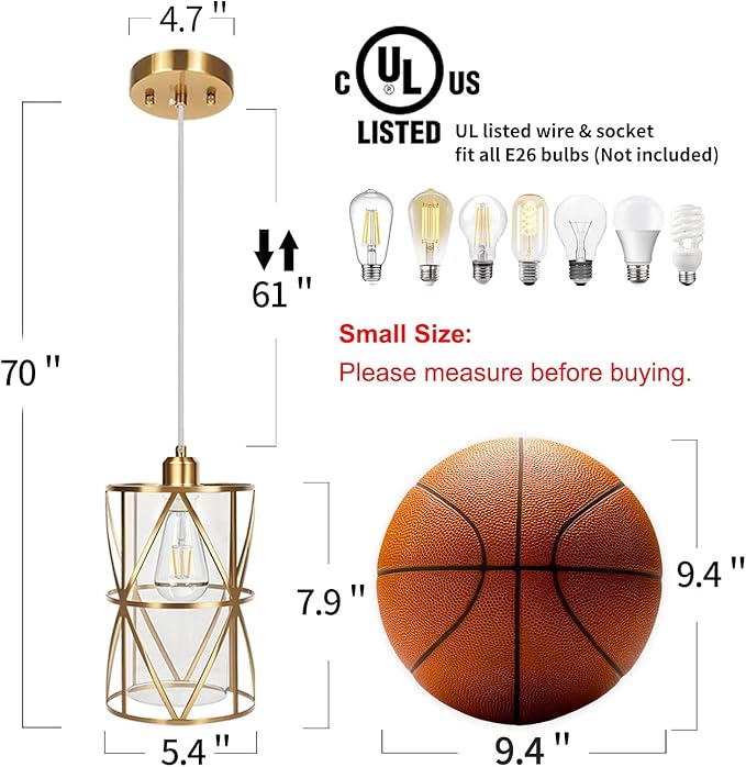 5.4"×7.9" Brushed Gold Pendant Light, Modern Kitchen Pendant Lighting Over Island, Pendant Lighting with Clear Glass Shade, Glass Pendant Lights Kitchen Island, Foyer, Dining Room, Entryway