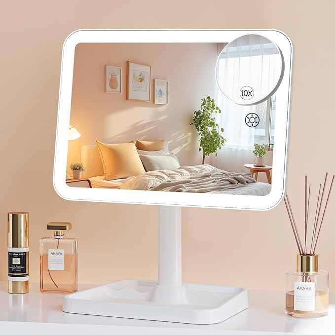 Lighted Makeup Mirror, Rechargeable Makeup Mirror with Lights, Vanity Mirror for Desk 360° Rotation, 3 Color LED Lights Detachable Light Up Mirror for Makeup Room Decor for Girls, Brithday's Day Gifts