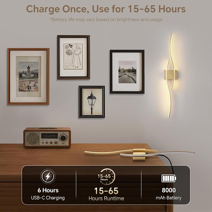 Battery Operated Wall Sconces Set of 2, Dimmable Modern LED Rechargeable Wall Light with Remote Control, Wall Decor for Living Room, Hallway, Quick Install, No Electrician Required 23.6 Inch