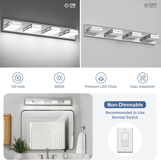 LED Modern Bathroom Light Fixtures, 4-Light 30-Inch Chrome Vanity Lights for Bathroom Lighting Fixtures Over Mirror, 6000K Cool White 350° Rotatable Wall Lamp