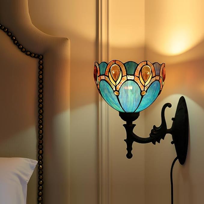 Tiffany Sconce Lamp Stained Glass Wall Lamp,8X10.5X11 Inch Plug in Wall Bedside Light for Hallway Bedroom (Peacock Crystal)
