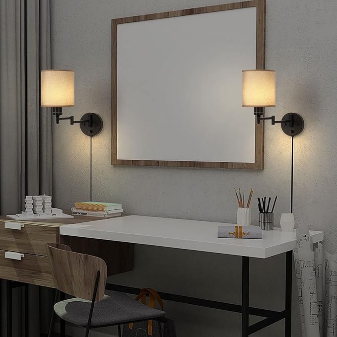 CADUKE Wall Lamps Plug in, Swing Arm Wall Sconce Set of 2 | Light Brown Lampshade, Modern Bedroom Wall Lights Fixtures, Bedside Wall Reading Lights