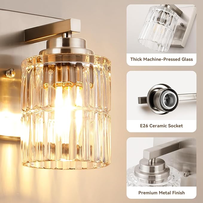 TALOYA Brushed Nickel 2 Pack Wall Sconces with Fluted Cylinder Glass Shade | Modern Vanity Lighting Fixtures, Bathroom Lights Over Mirror, Wall Mount Mirror Light Fixtures for Bathroom Hallway Bedroom