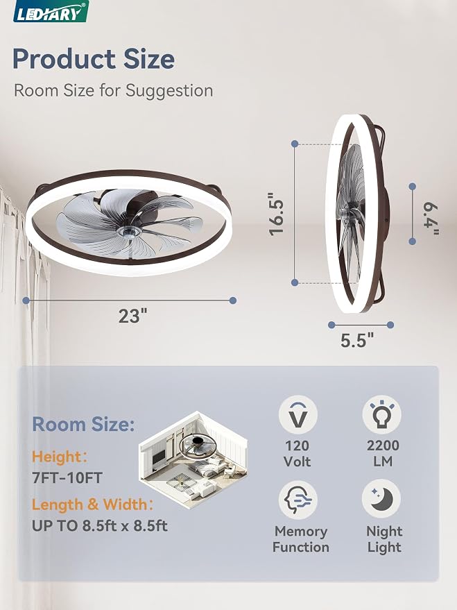 LEDIARY 23" Low Profile Ceiling Fans with Lights, APP & Remote, Brown | Flush Mount, Dimmable LED, Quiet DC Motor, Reversible, 6 Speeds, Fandelier, for Bedroom